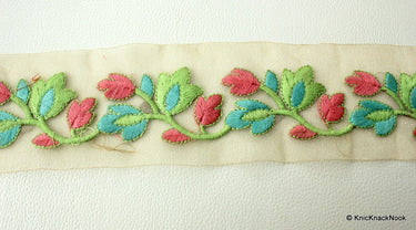 Gold Sheer Trim With Green, Blue And Pink Floral Embroidery, Approx. 65mm Wide